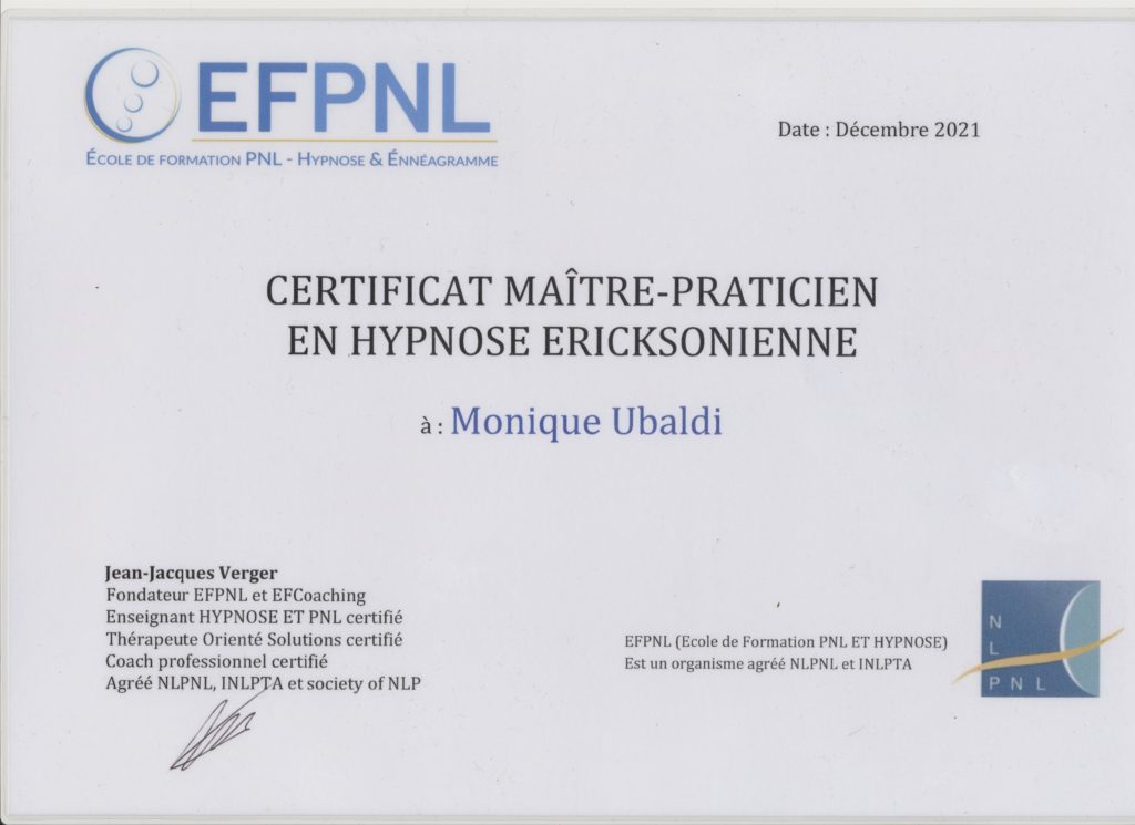 Certificat de Maitre Praticienne en Hypnose Ericksonienne